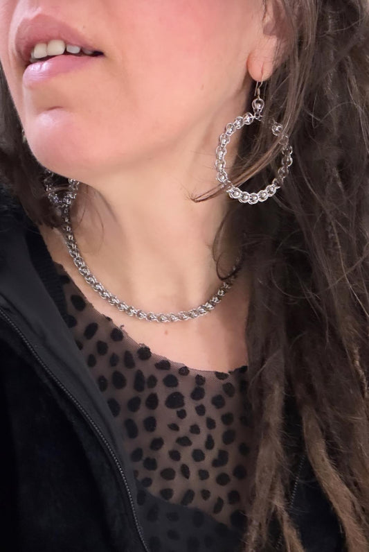 ORECCHINI PENDENTI CERCHI SFERE IN GABBIA - ACCIAIO