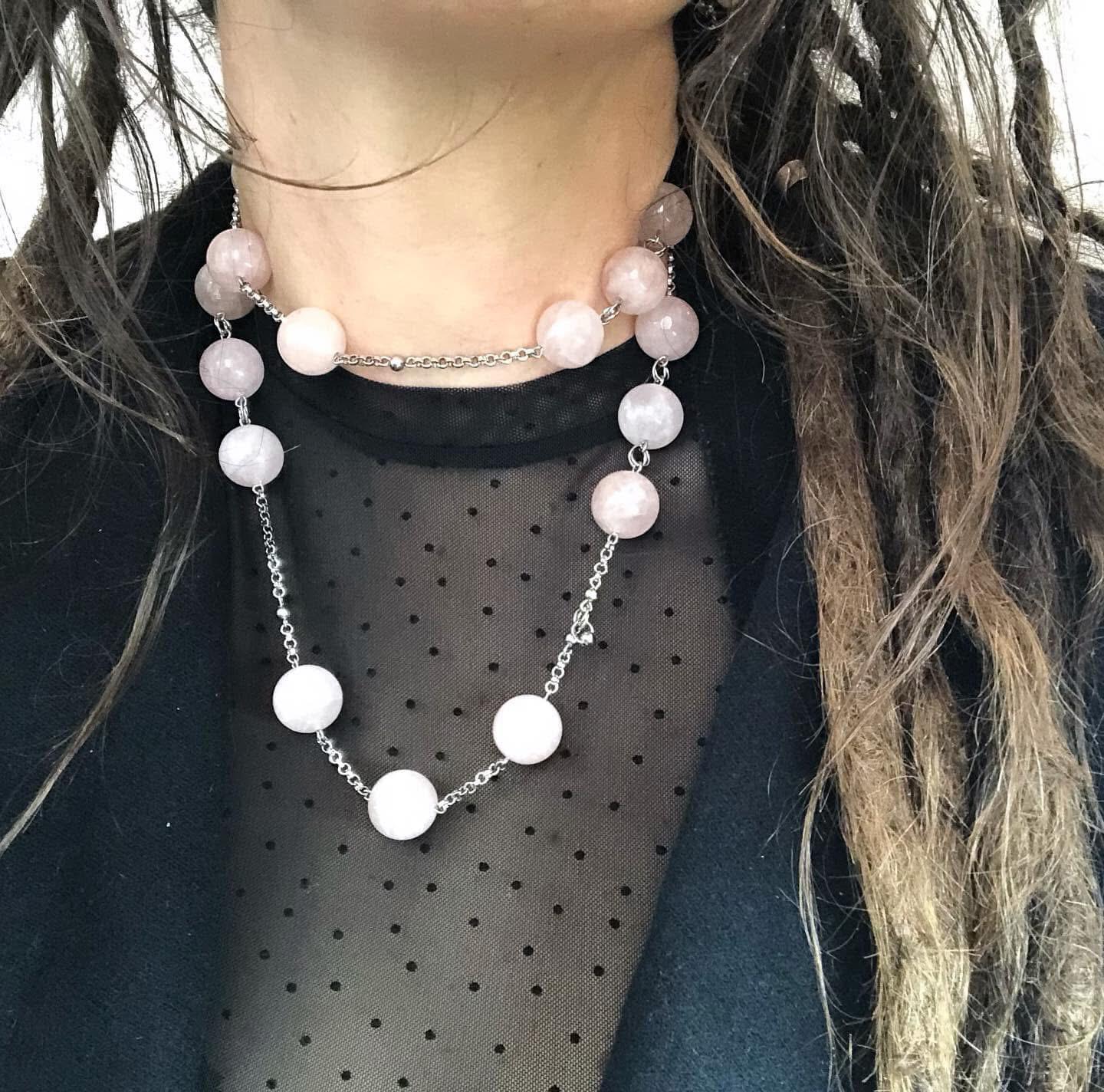 COLLANA IN ACCIAIO CON PIETRE NATURALI DI QUARZO ROSA DI 15MM