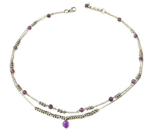 COLLANA SUPERIMPOSED ACCIAIO - AMETISTA - CIONDOLO OVALE AMETISTA ARGENTO 925