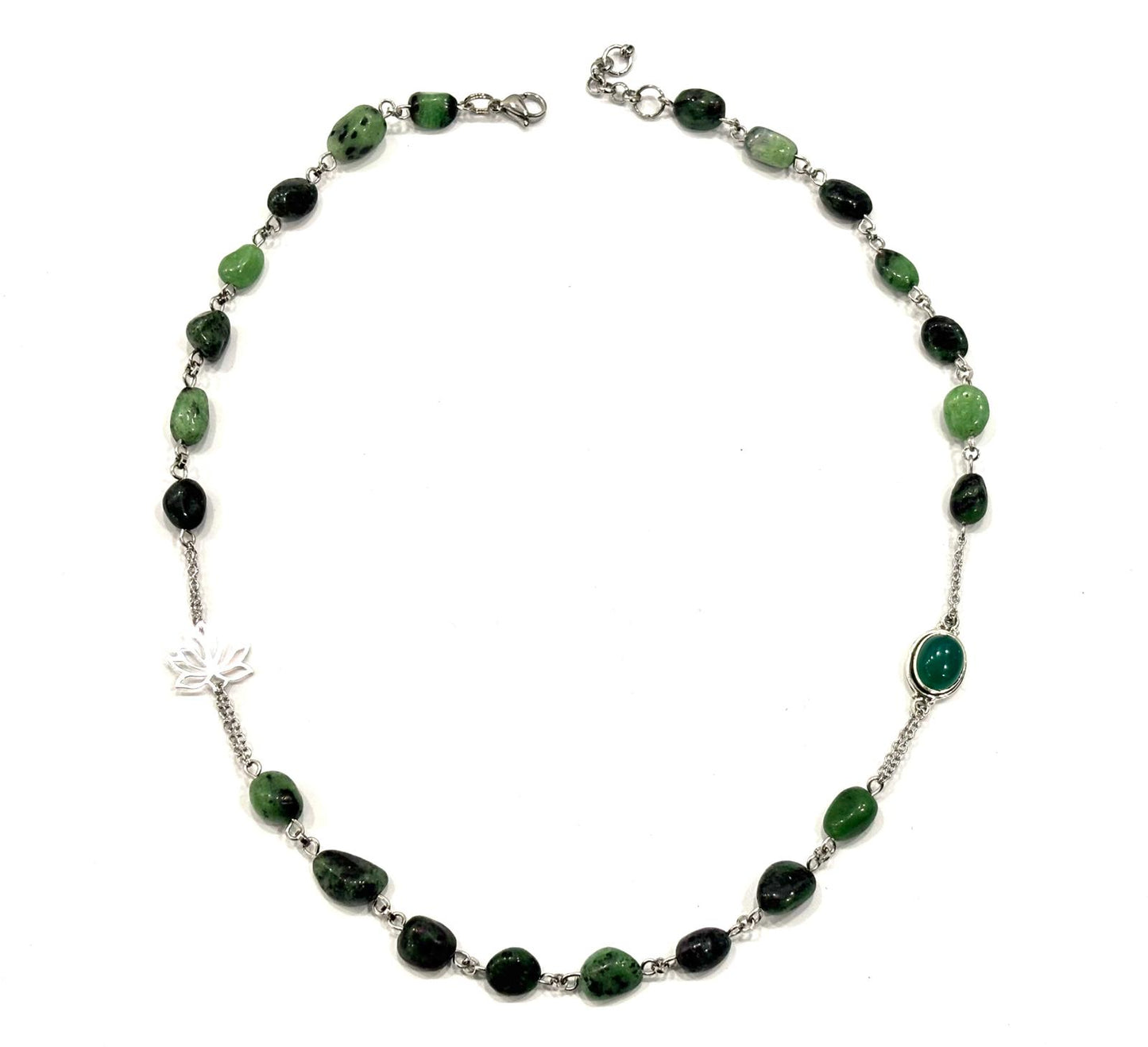 COLLANA GIROCOLLO HARMONIA - RUBINOZOISITE - FIORE DI LOTO ARGENTO 925 - AGATA VERDE ARGENTO 925