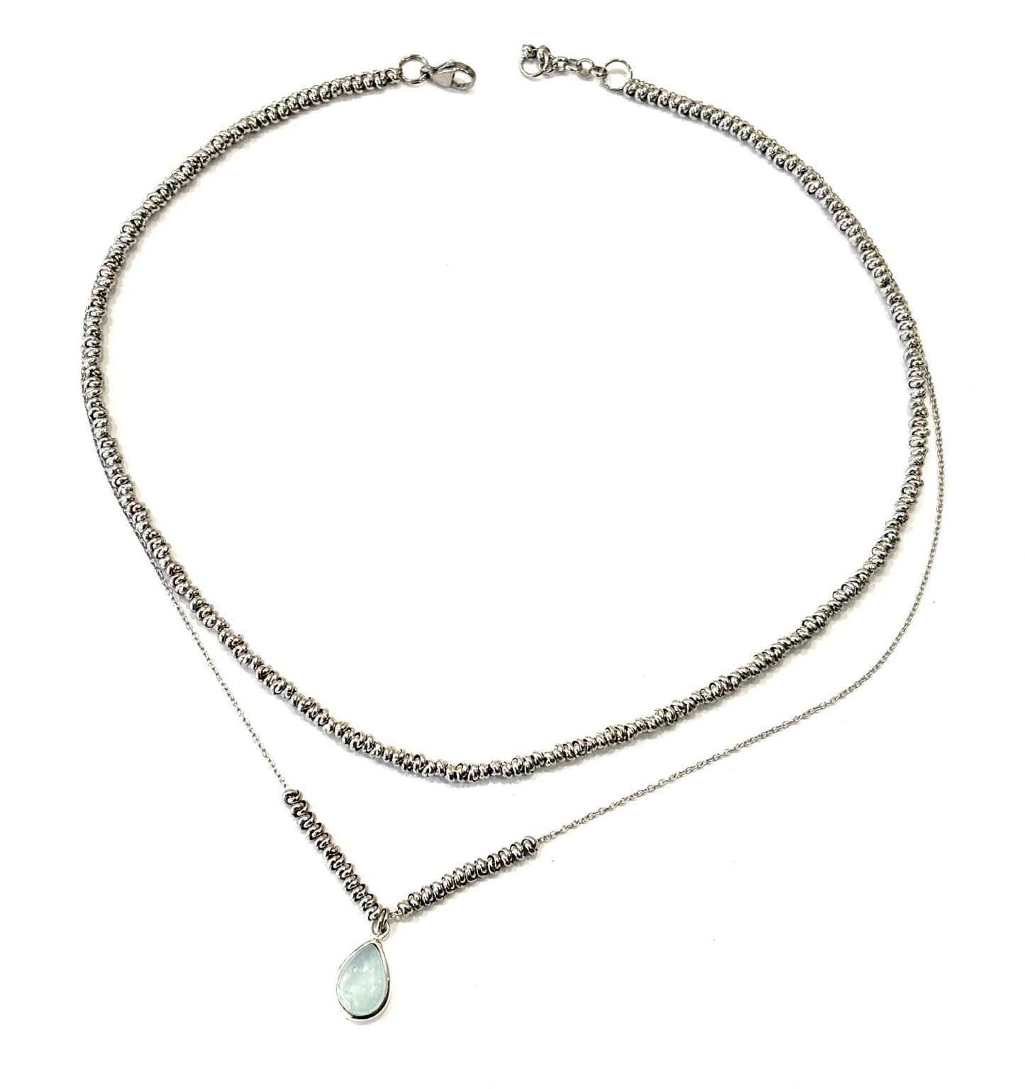 COLLANA DELICIOUS ACCIAIO - CIONDOLO ACQUAMARINA GOCCIA ARGENTO 925