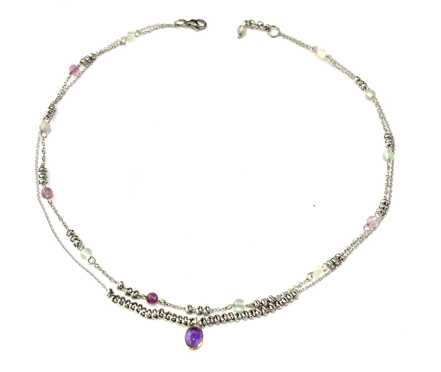 COLLANA SUPERIMPOSED ACCIAIO - FLUORITE TONDA - CIONDOLO OVALE AMETISTA ARGENTO 925