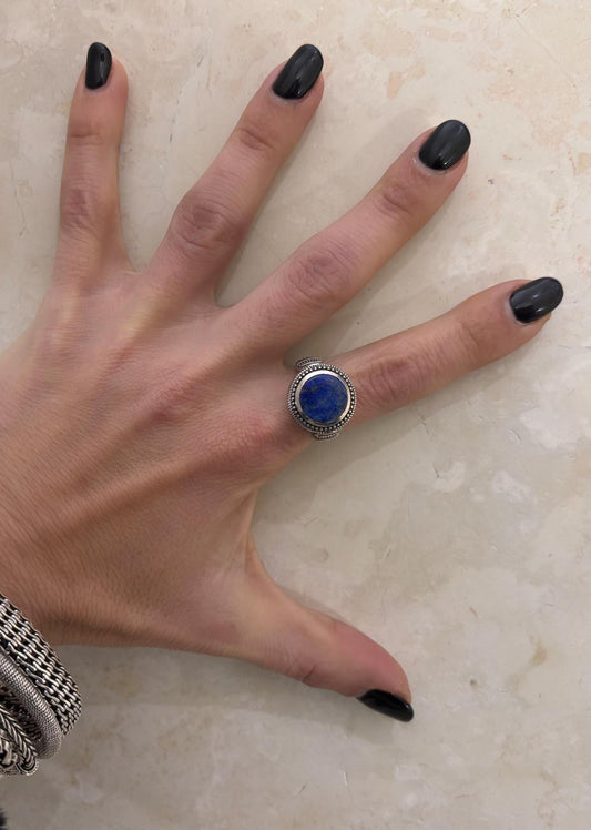 ANELLO LAPISLAZZULI TONDO - PROFILO INTRECCIATO - FASCIA GROUMETTE ARGENTO 925