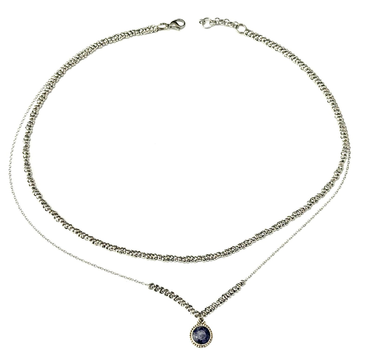 COLLANA DELICIOUS ACCIAIO - CIONDOLO RADICE DI ZAFFIRO TONDO SFACCETTATO ARGENTO 925