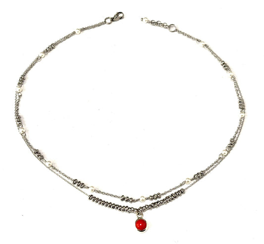 COLLANA SUPERIMPOSED ACCIAIO - PERLE DI MAIORCA - CIONDOLO PASTA DI CORALLO TONDO ARGENTO 925