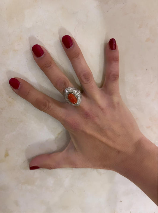 ANELLO CORALLO NATURALE ARGENTO 925