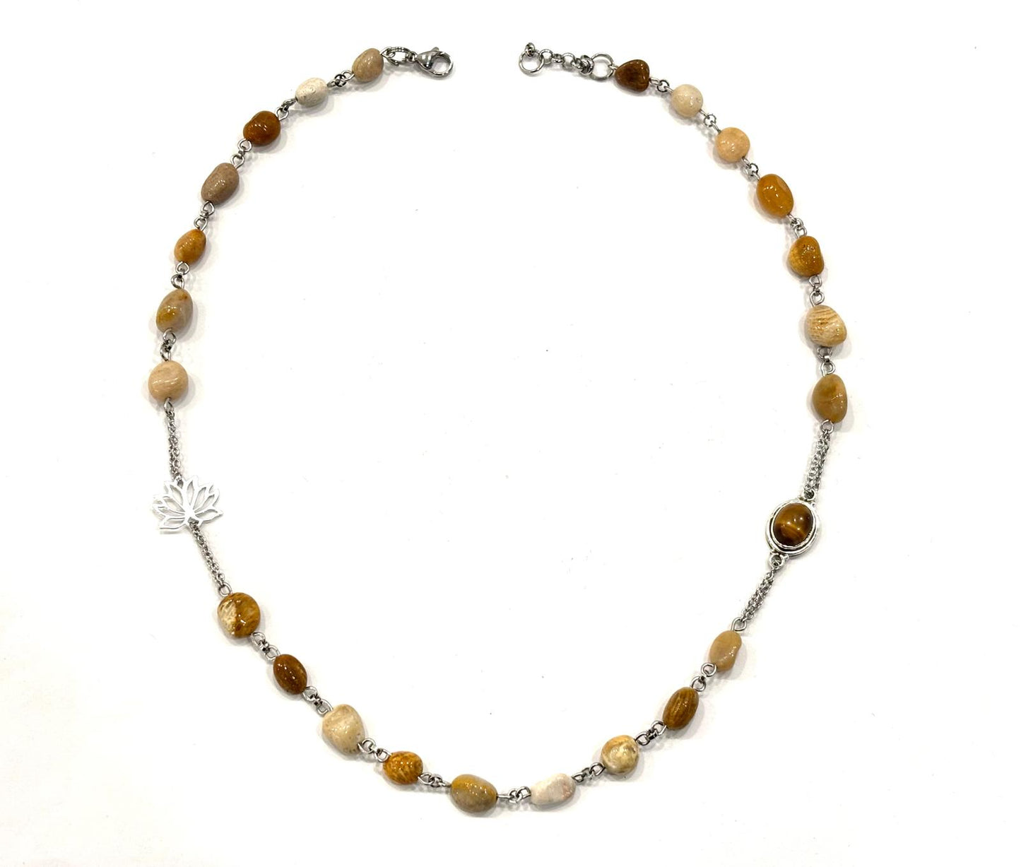 COLLANA GIROCOLLO HARMONIA - AGATA OCEANICA - FIOR DI LOTO ARGENTO 925 - OCCHIO DI TIGRE ARGENTO 925