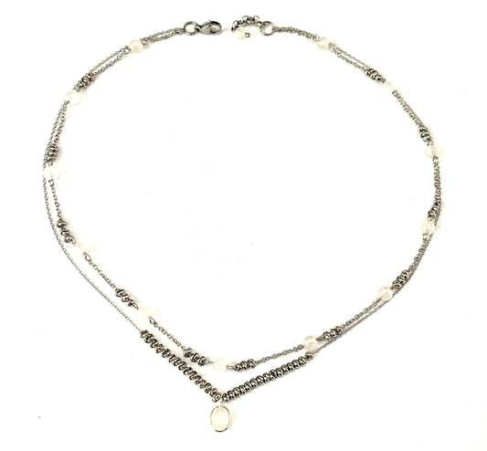 COLLANA SUPERIMPOSED ACCIAIO - PIETRA DI LUNA - CIONDOLO PIETRA DI LUNA OVALE ARGENTO 925
