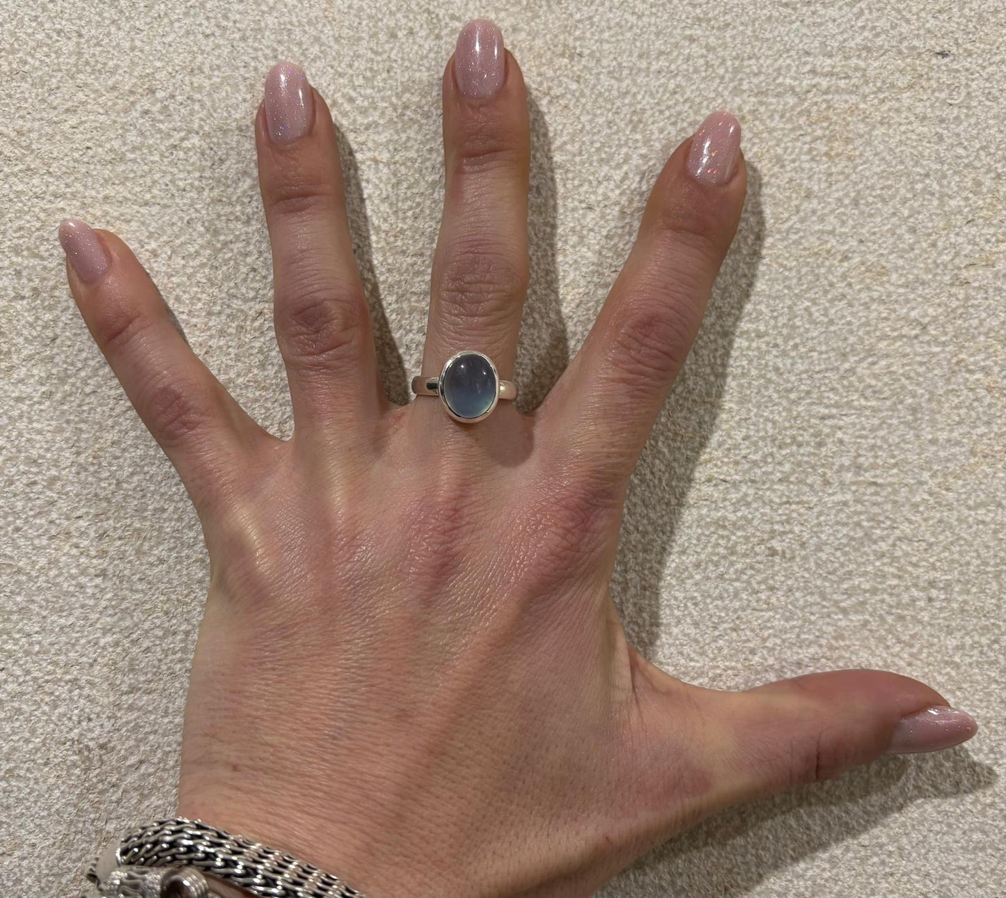 ANELLO ACQUAMARINA OVALE CABOCHON - REGOLABILE - ARGENTO 925