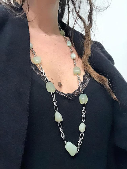 COLLANA ACCIAIO CON PIETRE NATURALI IN GIADA BURATTATA