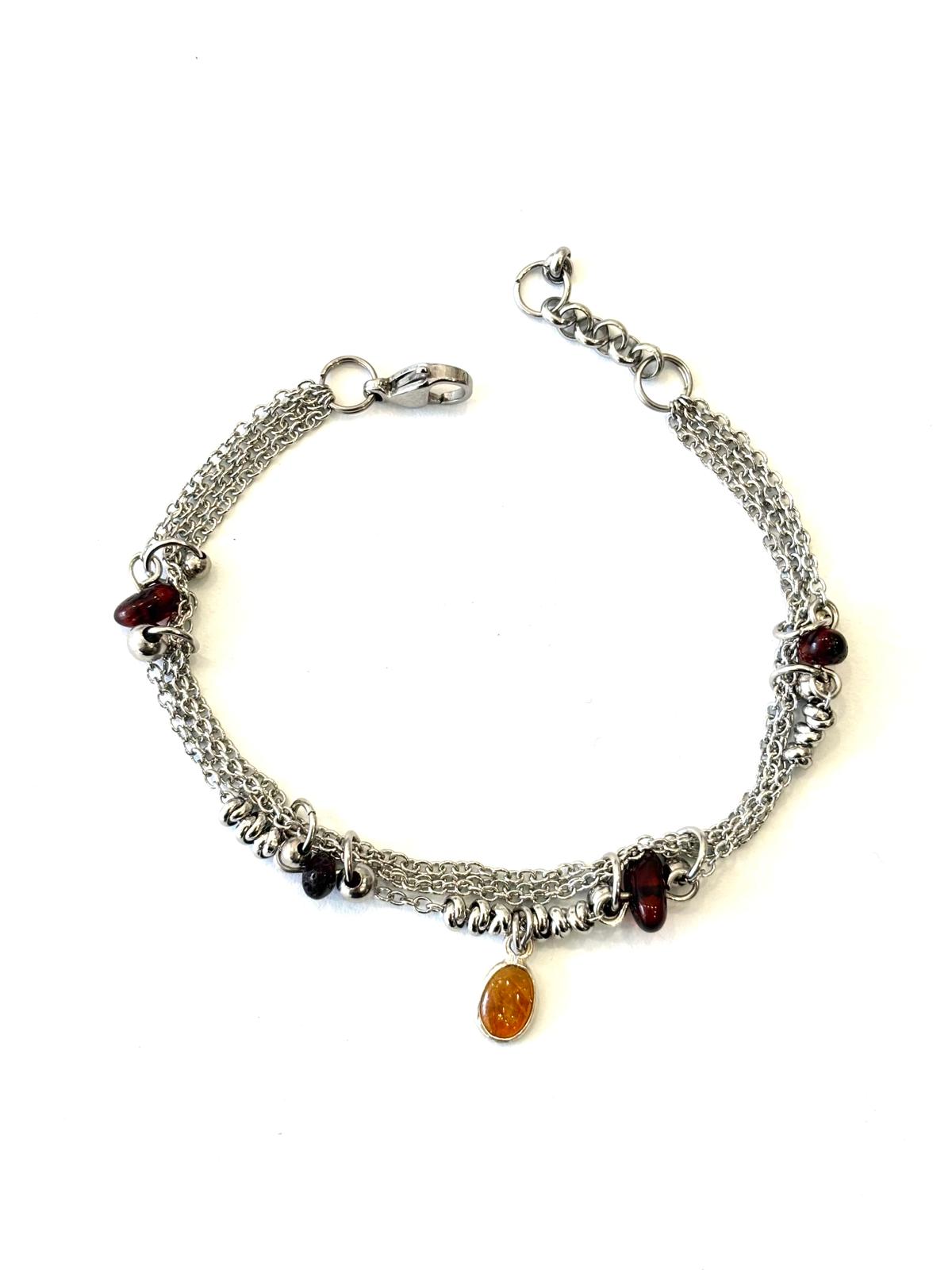 BRACCIALE MULTIFILO ACCIAIO - AMBRA - TORMALINA ARANCIO