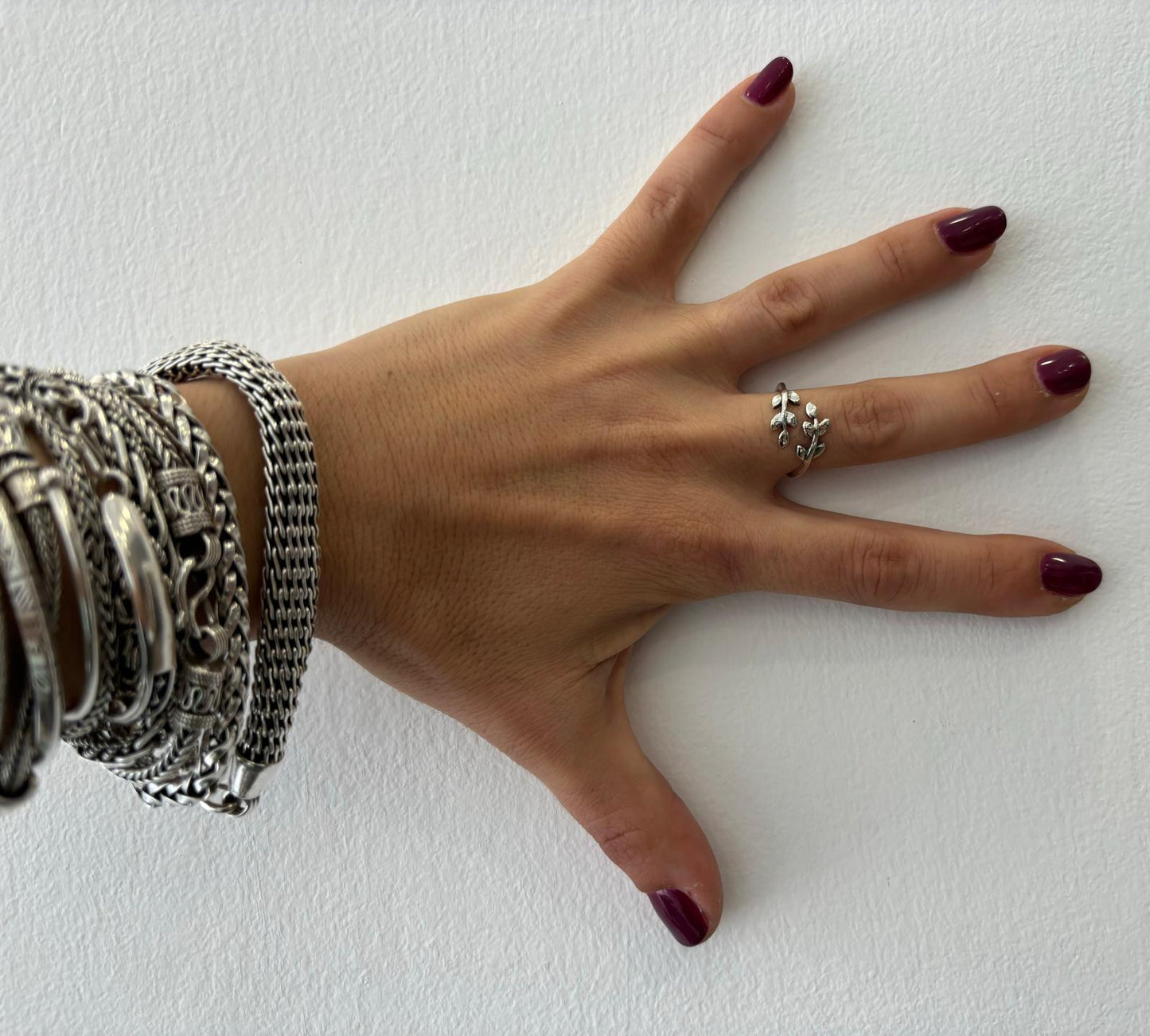 ANELLO FOGLIA DI ULIVO ARGENTO 925 - REGOLABILE