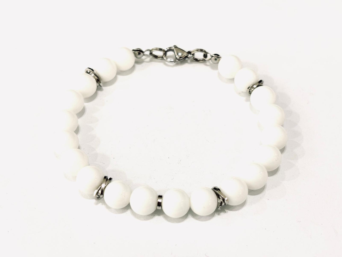 BRACCIALE AGATA BIANCA 8MM - ACCIAIO