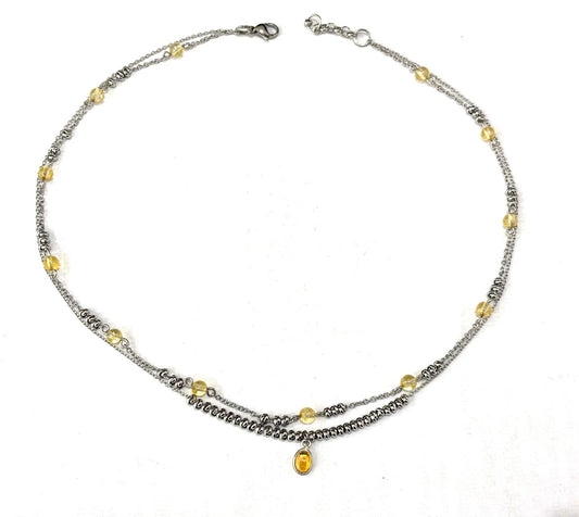 COLLANA SUPERIMPOSED ACCIAIO - QUARZO CITRINO TONDO - CIONDOLO TORMALINA