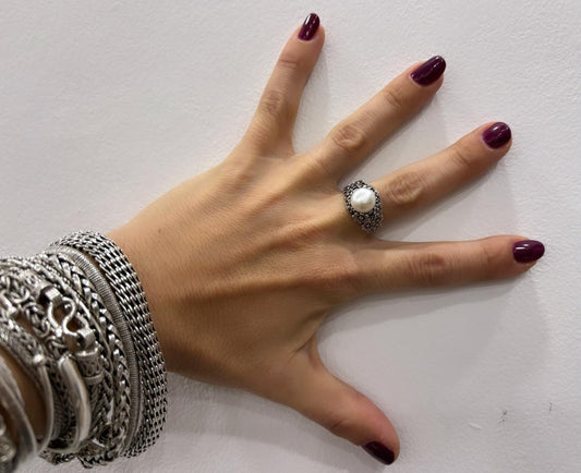 ANELLO PERLA DI FIUME - MARGHERITE REGOLABILE - ARGENTO 925