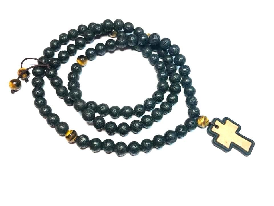 COLLANA MALA PIETRA LAVICA - INTERVALLI OCCHIO DI TIGRE 8mm - CROCE LEGNO/CAUCCIÚ