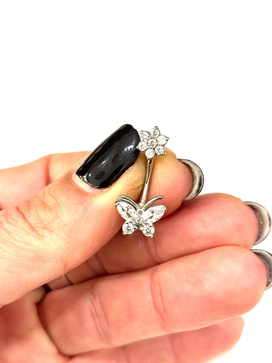PIERCING OMBELICO FARFALLA E FIORE - ACCIAIO - 316L - ZIRCONI