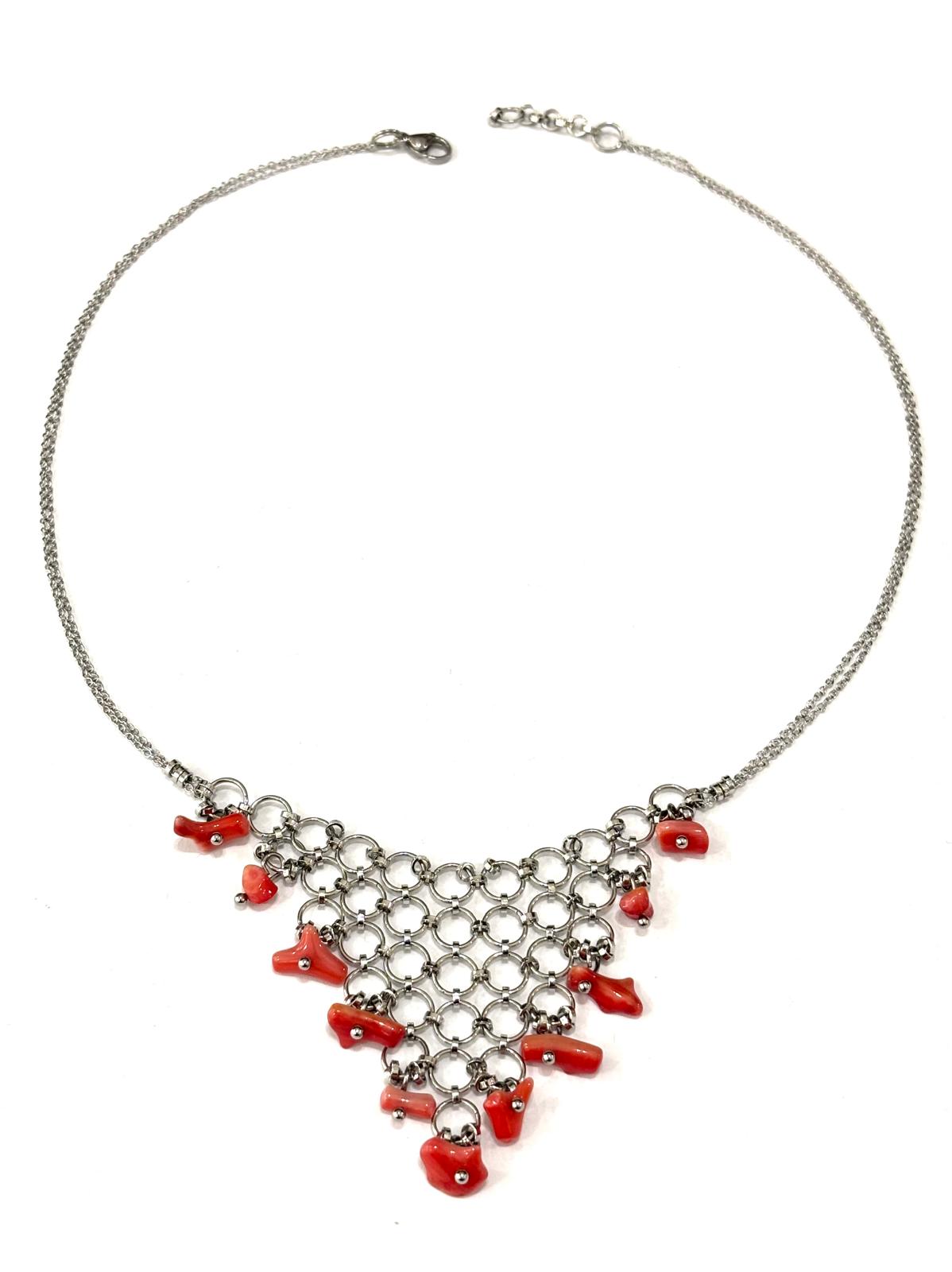 COLLIER RETE ACCIAIO - CORALLO ROSSO