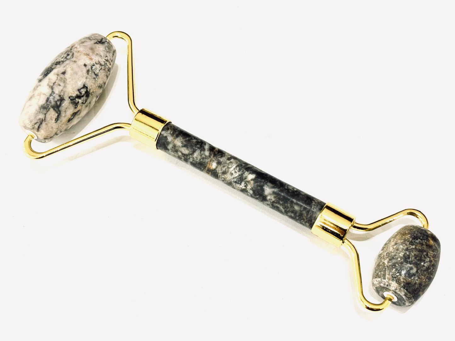 MASSAGGIATORE A RULLO DI PIETRA DURA NATURALE E OTTONE RODIATO - AGATA FOSSILE
