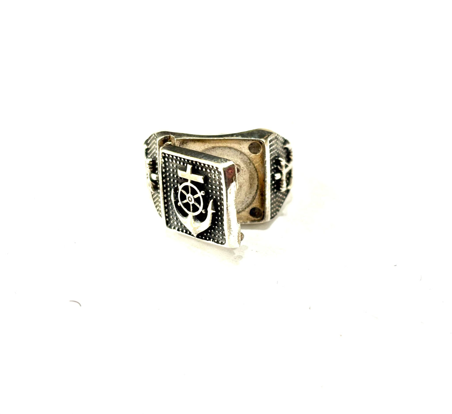ANELLO SIGILLO QUADRATO CON ANCORA/TIMONE A RILIEVO - REGOLABILE - ARGENTO 925
