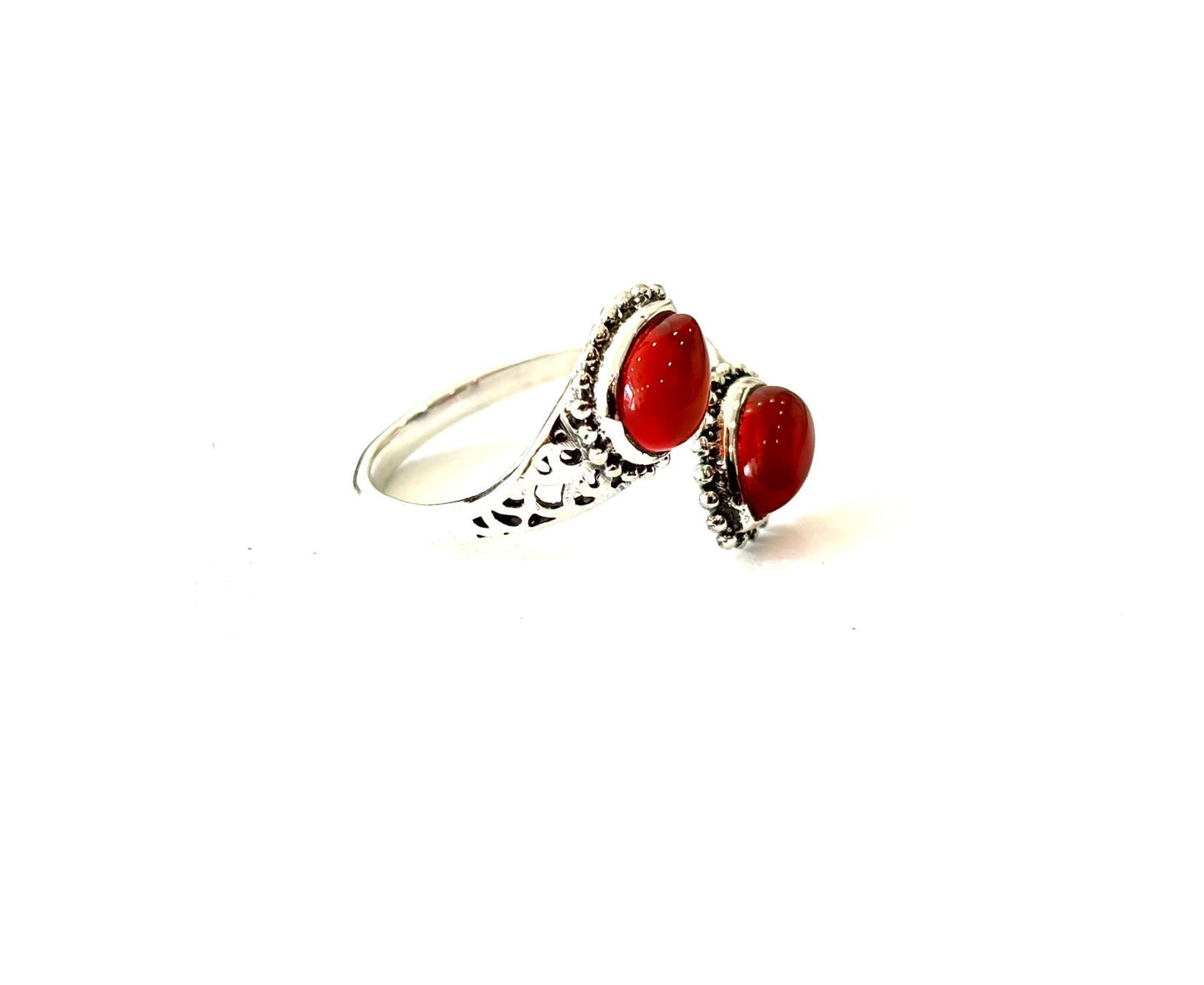ANELLO DOPPIA GOCCIA CORNIOLA AVVOLTA DA MICROSFERE - REGOLABILE - ARGENTO 925