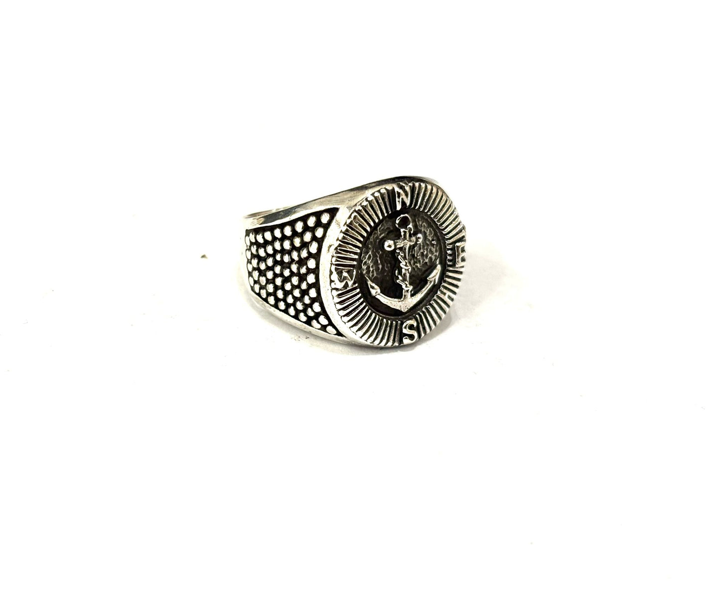 ANELLO SIGILLO ANCORA E ROSA DEI VENTI - ARGENTO 925 BRUNITO