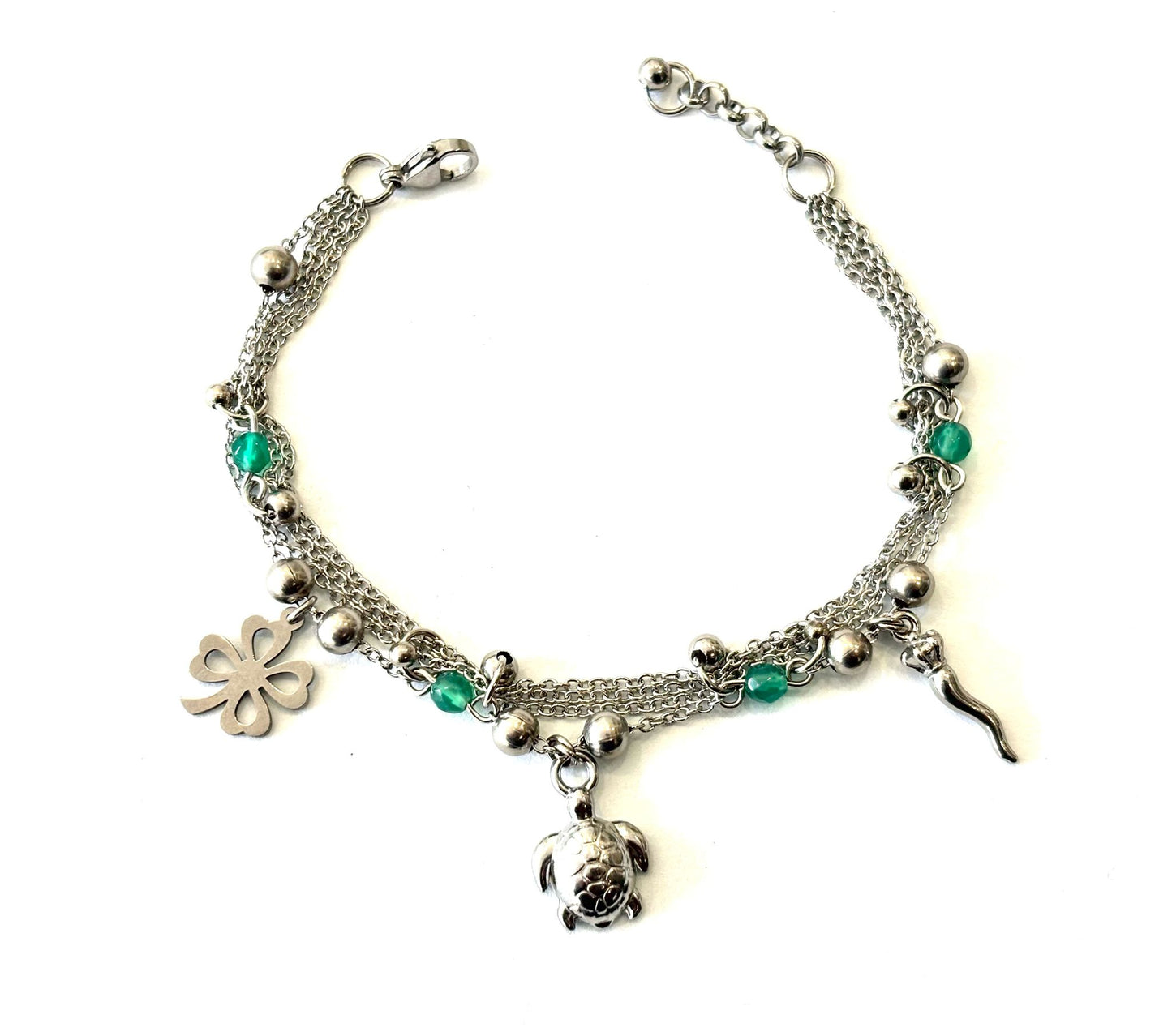BRACCIALI MULTIFILO ACCIAIO - GIADA VERDE - QUADRIFOGLIO, TARTARUGA, CORNETTO IN ACCIAIO