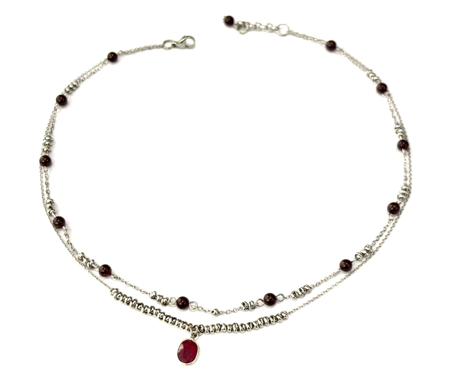 COLLANA SUPERIMPOSED ACCIAIO - GRANATO - CIONDOLO GRANATO OVALE SFACCETTATO ARGENTO 925