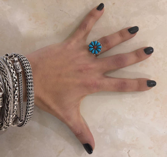 ANELLO FIORE PASTA DI TURCHESE - CORALLO -ARGENTO 925