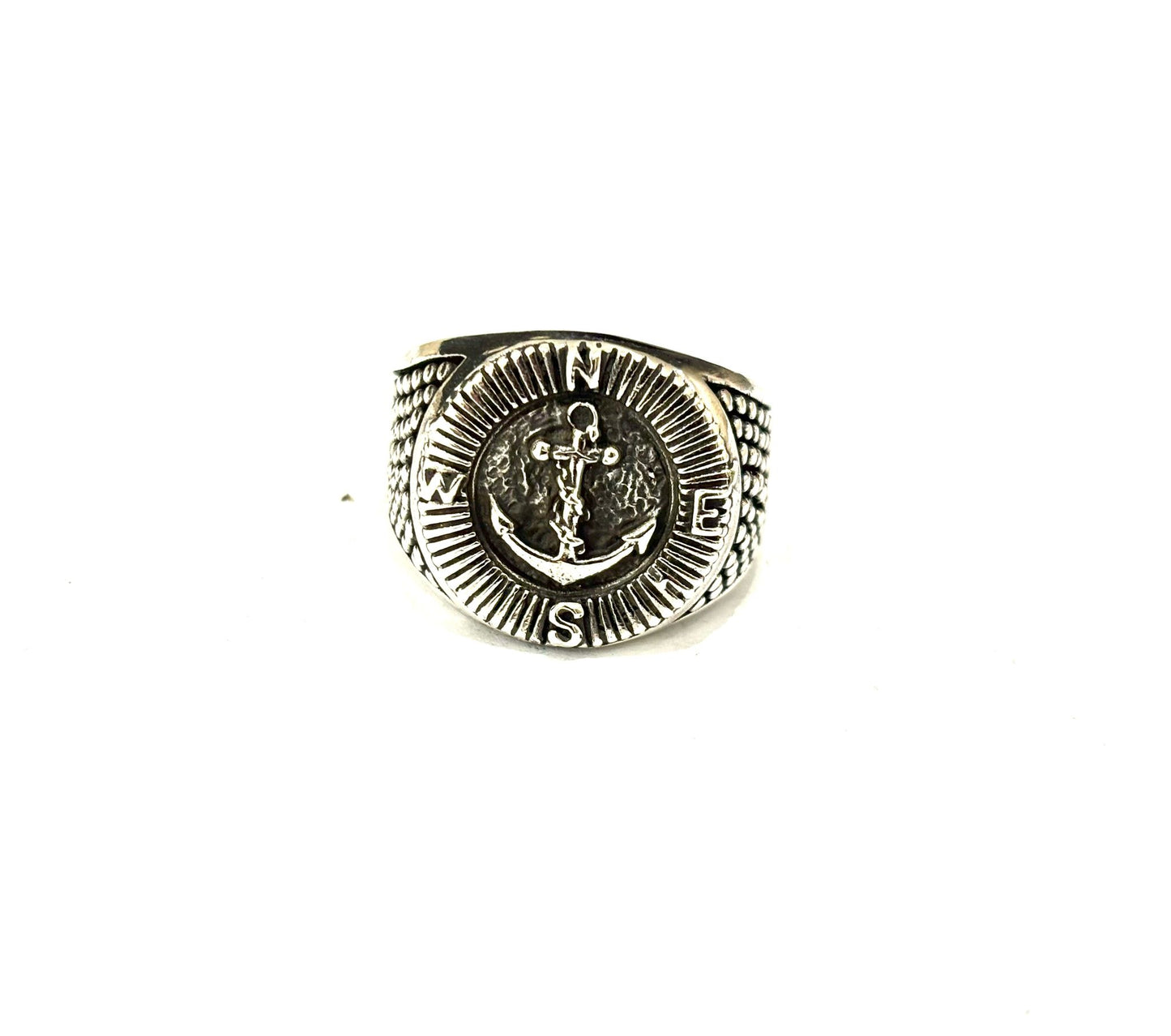 ANELLO SIGILLO ANCORA E ROSA DEI VENTI - ARGENTO 925 BRUNITO