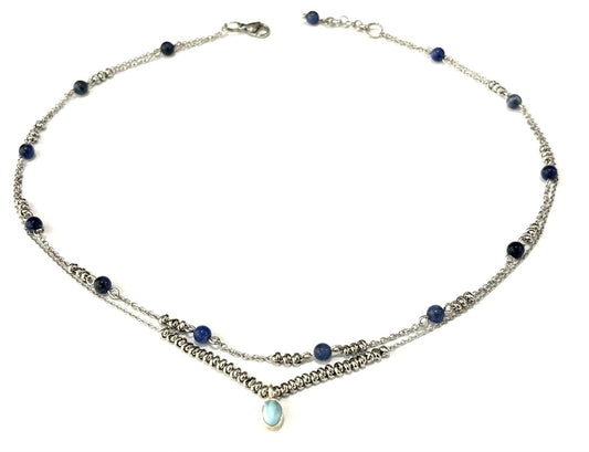 COLLANA SUPERIMPOSED ACCIAIO - SODALITE TONDA - CIONDOLO OVALE LARIMAR ARGENTO 925