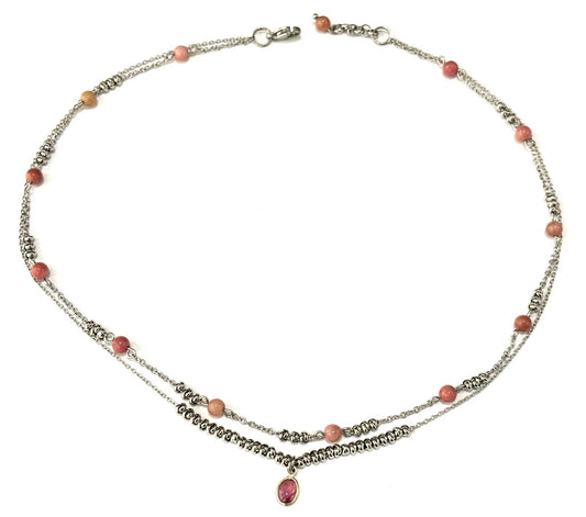 COLLANA SUPERIMPOSED ACCIAIO - RODONITE TONDA - CIONDOLO TORMALINA OVALE ARGENTO 925