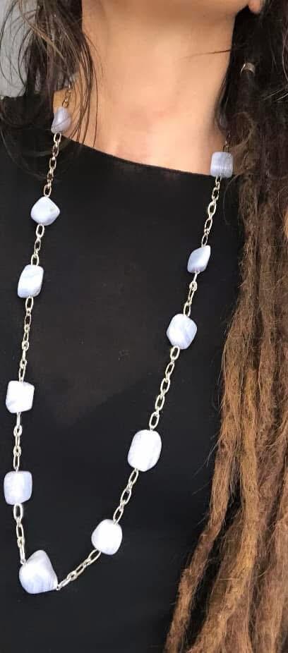 COLLANA ACCIAIO CON PIETRE NATURALI IN CALCEDONIO BURATTATO