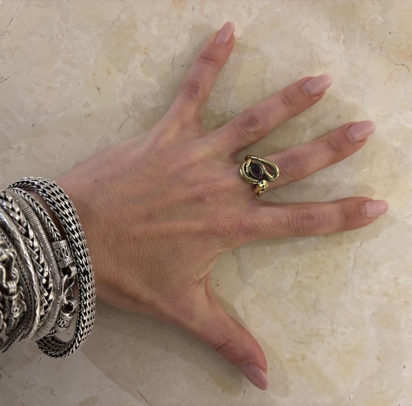 ANELLO OTTONE SERPENTE AVVOLTO - AMETISTA - ACQUAMARINA