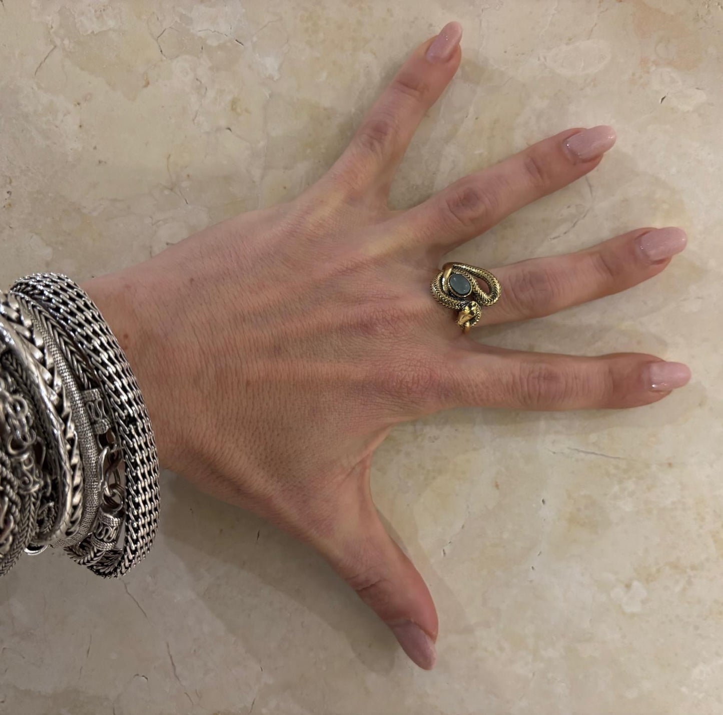 ANELLO OTTONE SERPENTE AVVOLTO - AMETISTA - ACQUAMARINA
