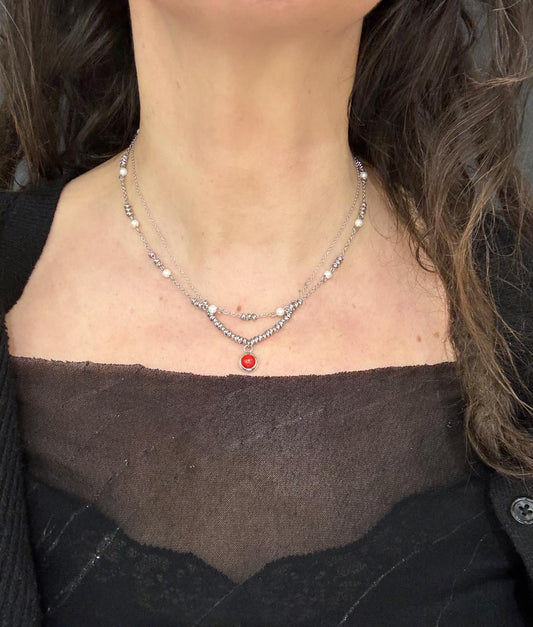 COLLANA SUPERIMPOSED ACCIAIO - PERLE DI MAIORCA - CIONDOLO PASTA DI CORALLO TONDO ARGENTO 925