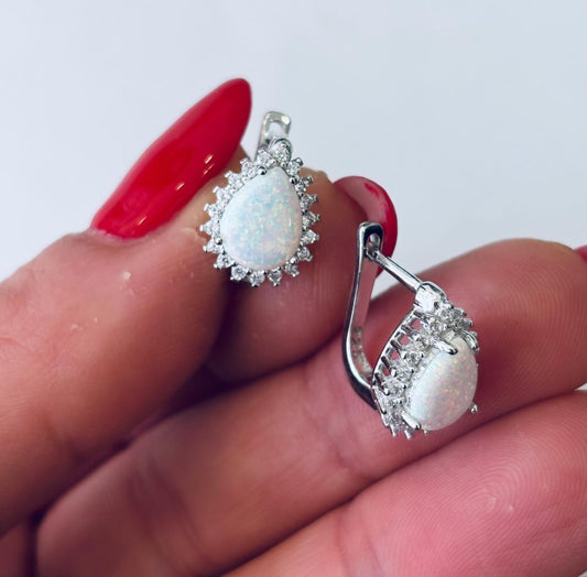 ORECCHINI GOCCIA CON OPALE E ZIRCONI - CHIUSURA SCATTO - ARGENTO 925