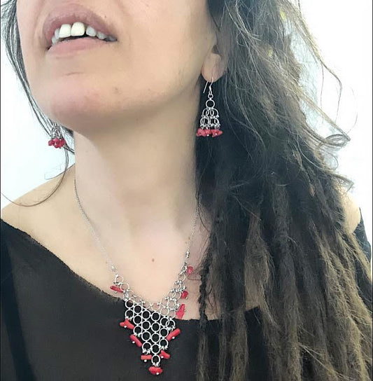 COLLIER RETE ACCIAIO - CORALLO ROSSO