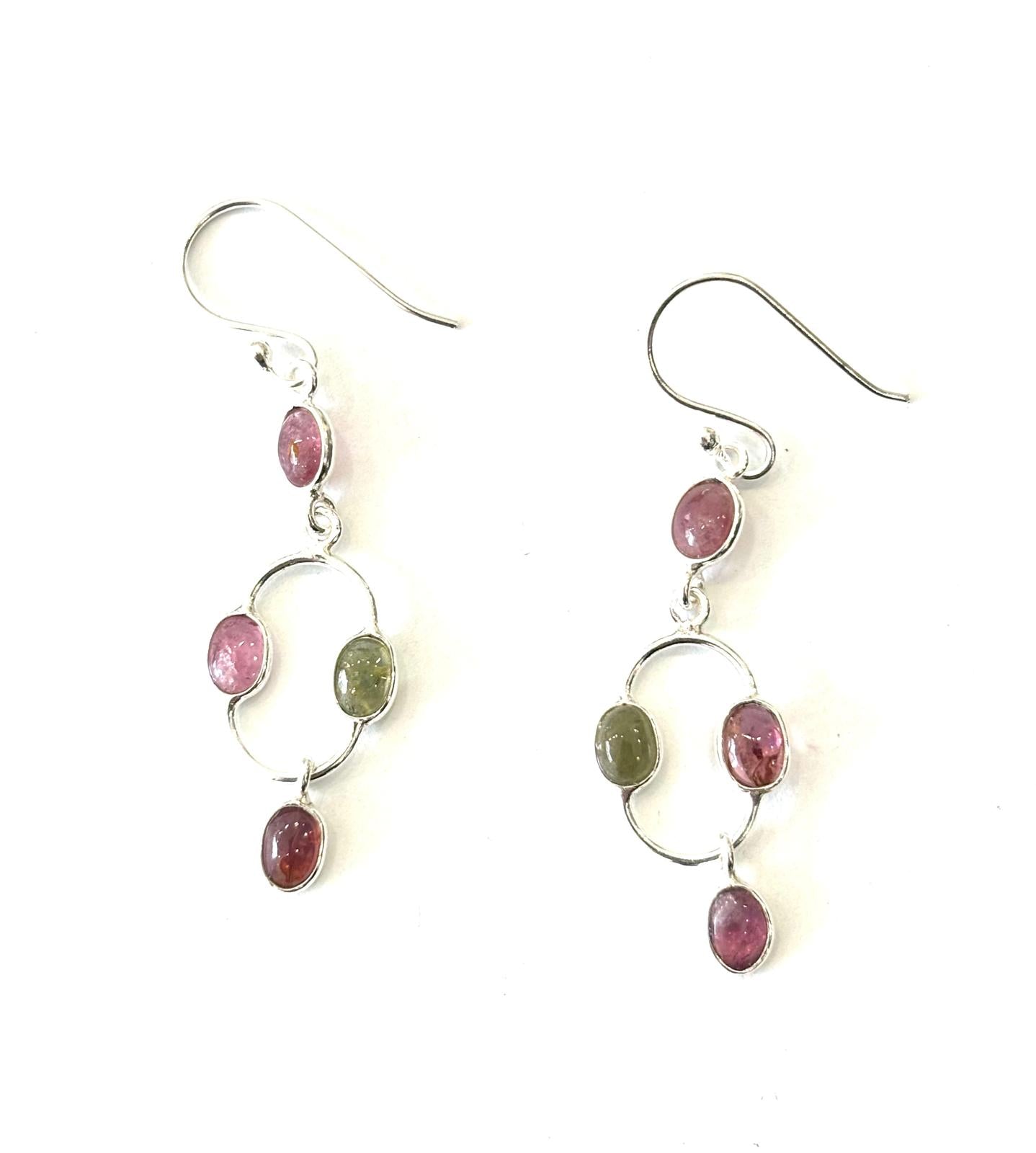 ORECCHINI OVALINI DI TORMALINA CABOCHON ROSA E VERDE - ARGENTO 925