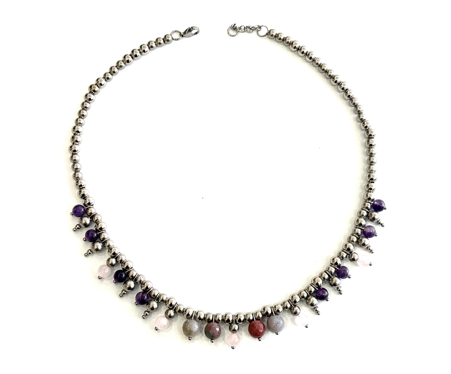 COLLANA BUBBLES ACCIAIO - AGATA INDIANA, AMETISTA, QUARZO ROSA