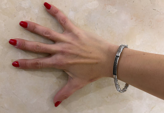 BRACCIALE ACCIAIO MAGLIA OVALE PIATTA 5mm - PIASTRA CENTRALE ARGENTO 925