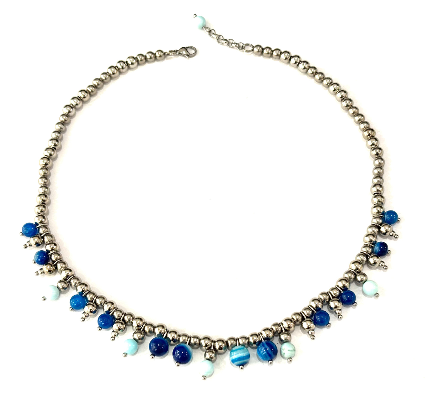 COLLANA BUBBLES ACCIAIO - AGATA STRIATA BLU, PASTA TURCHESE
