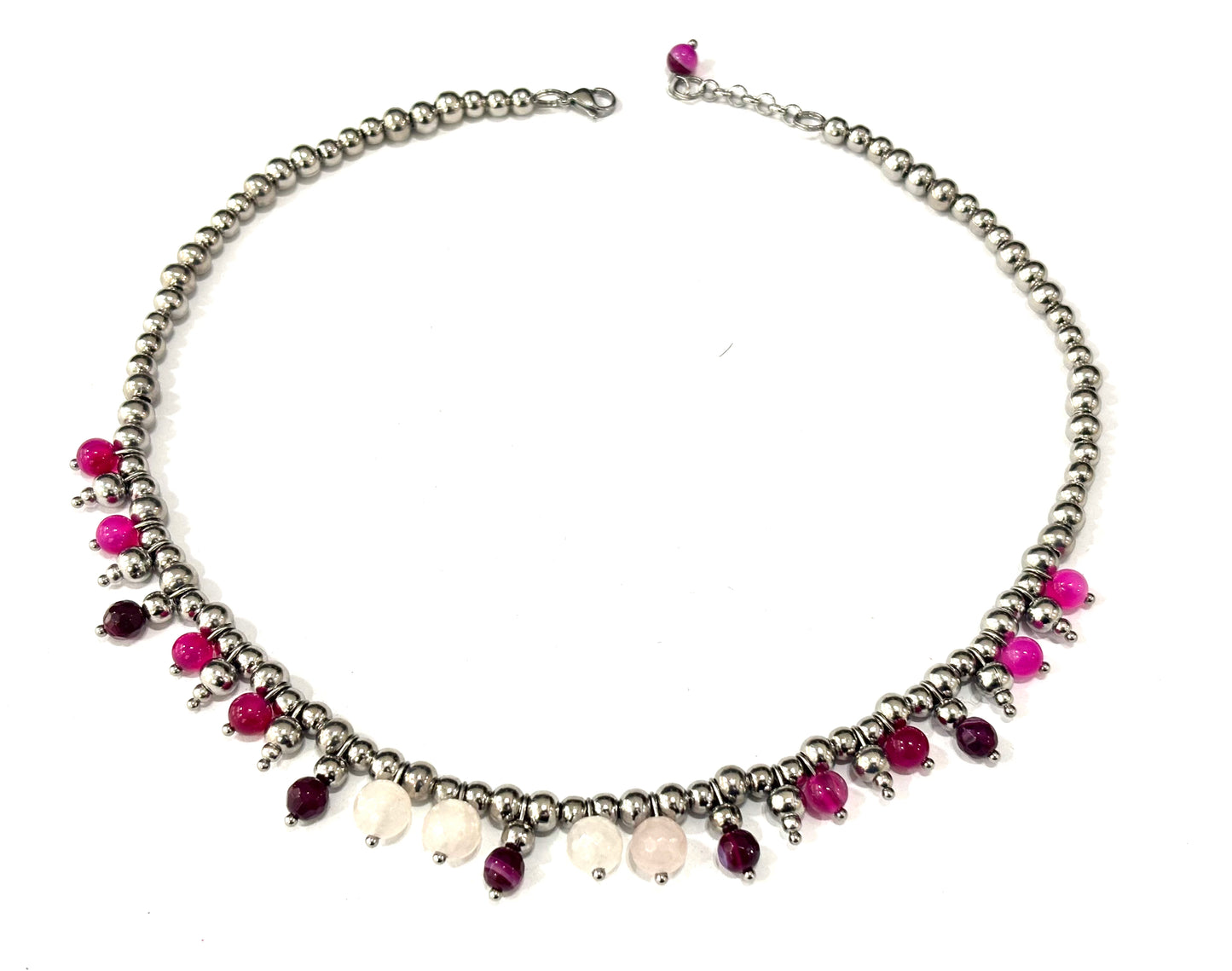 COLLANA BUBBLES ACCIAIO - QUARZO ROSA, AGATA STEUATA FUCSIA