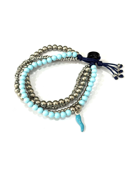 BRACCIALE MULTIFILO GOODLUCK ACCIAIO - PIETRE NATURALI - BOTTONE ONICE - CORNETTO SMALTATO ARGENTO 925