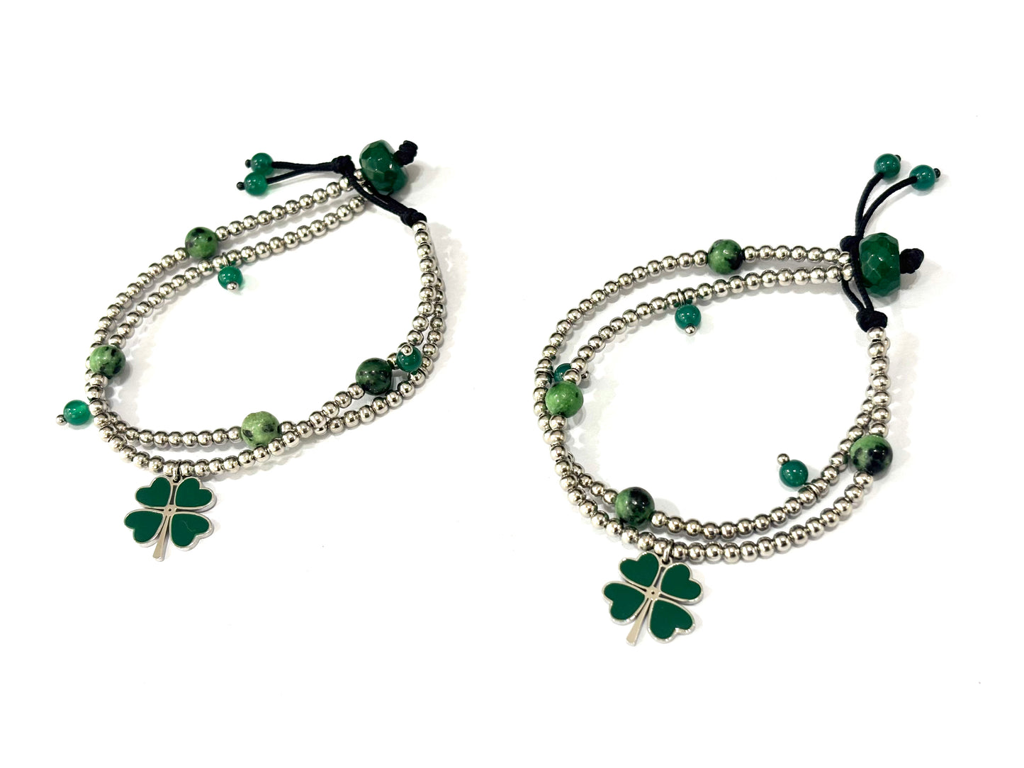 BRACCIALE DOUBLE FOUR-LEAF CLOVER ACCIAIO - GIADA - RUBY ZOISITE
