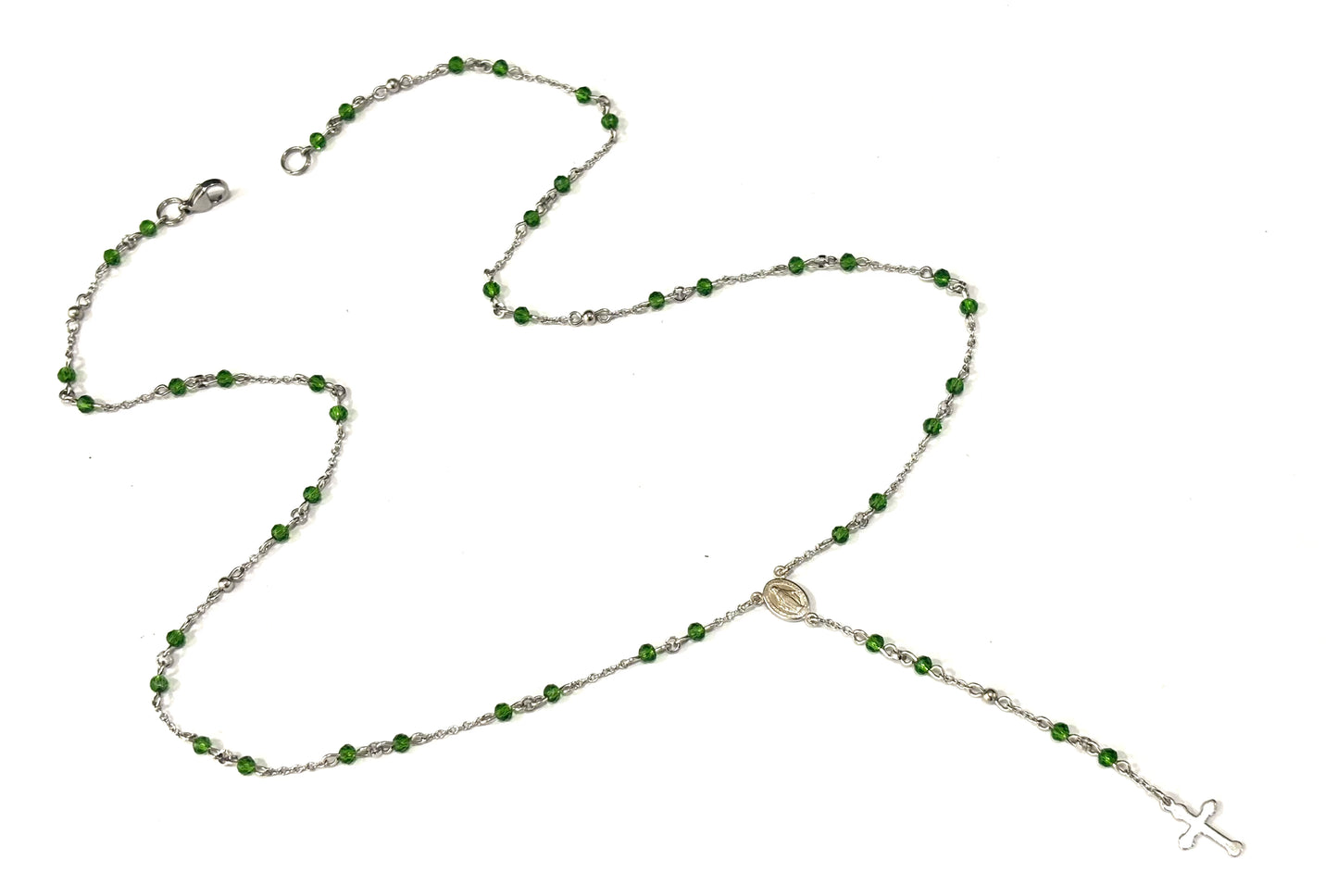 COLLANA ROSARIO ACCIAIO - MEDAGLIETTA E CROCE ARGENTO 925 - CRISTALLI 3,5x2,5mm