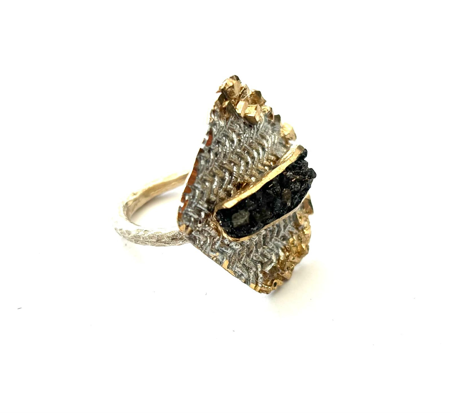 ANELLO TINA KOTSONI ART JEWELLERY - BRONZO DORATO E ARGENTATO - GEODI DI CRISTALLI - REGOLABILE