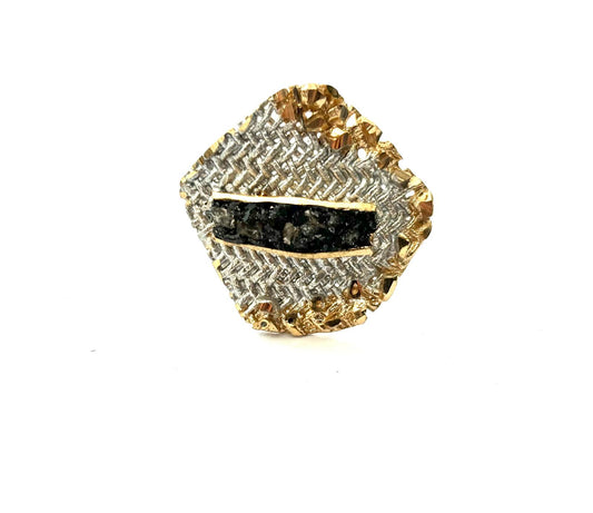 ANELLO TINA KOTSONI ART JEWELLERY - BRONZO DORATO E ARGENTATO - GEODI DI CRISTALLI - REGOLABILE