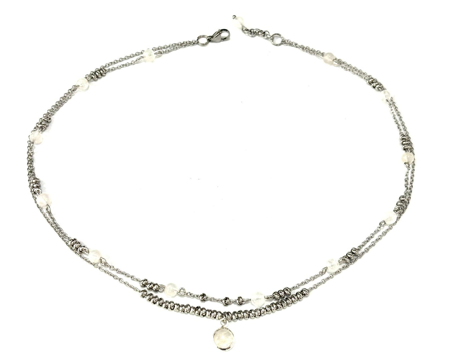 COLLANA SUPERIMPOSED ACCIAIO - PIETRA DI LUNA TONDA - CIONDOLO PIETRA DI LUNA ARGENTO 925