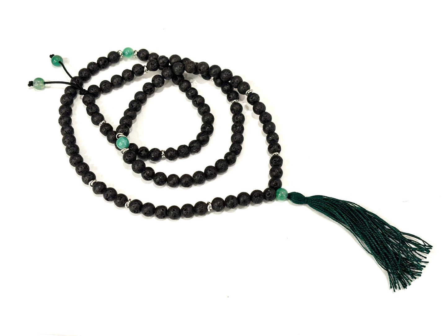 COLLANA MALA TIBETANO - PIETRA LAVICA E AGATA VERDE STRIATA 6MM